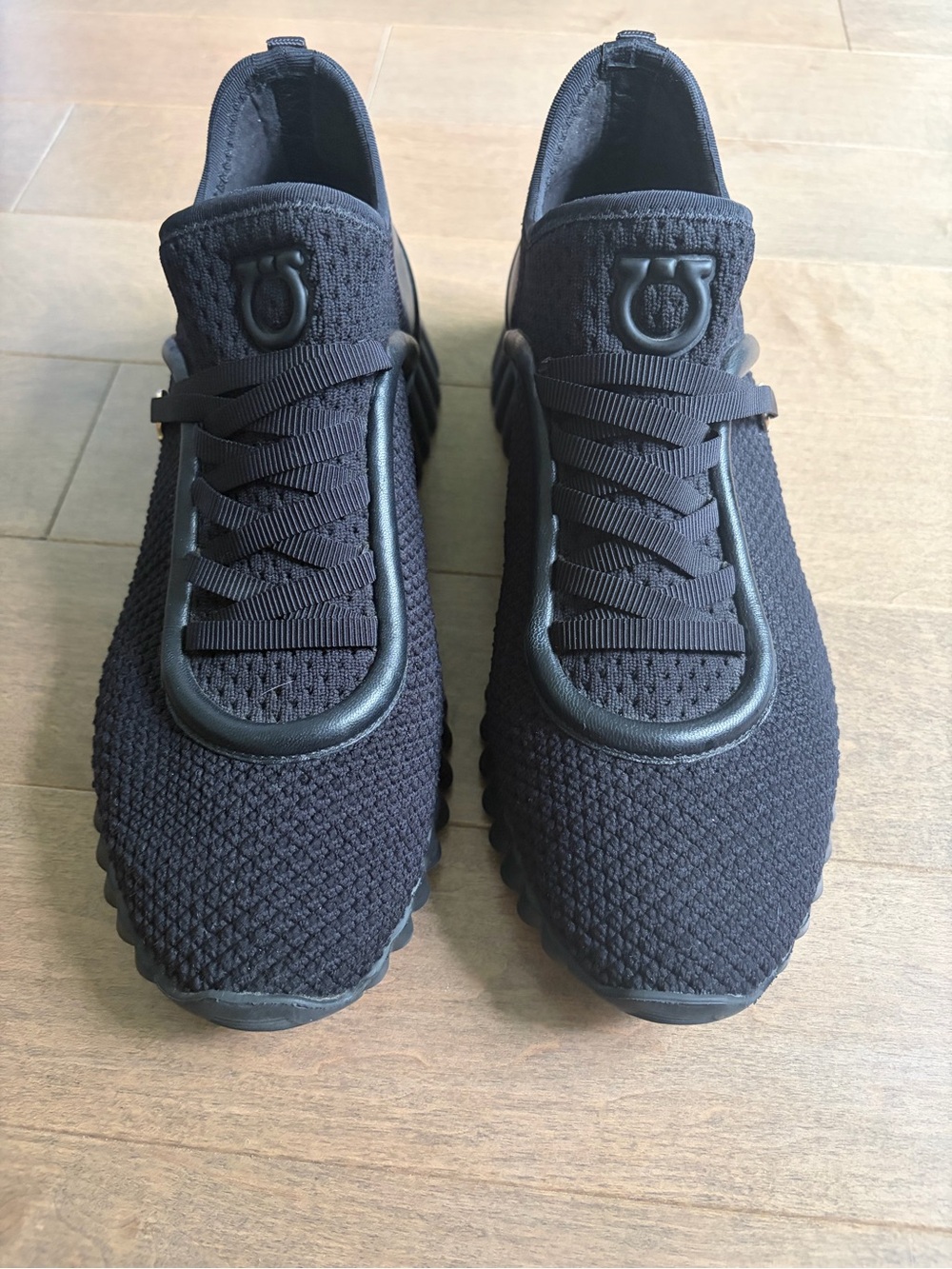 Salvatore Ferragamo Black Knit Gancini Lace-Up Sneakers 8.5